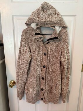 Women’s brown and cream hooded cardigan sweater